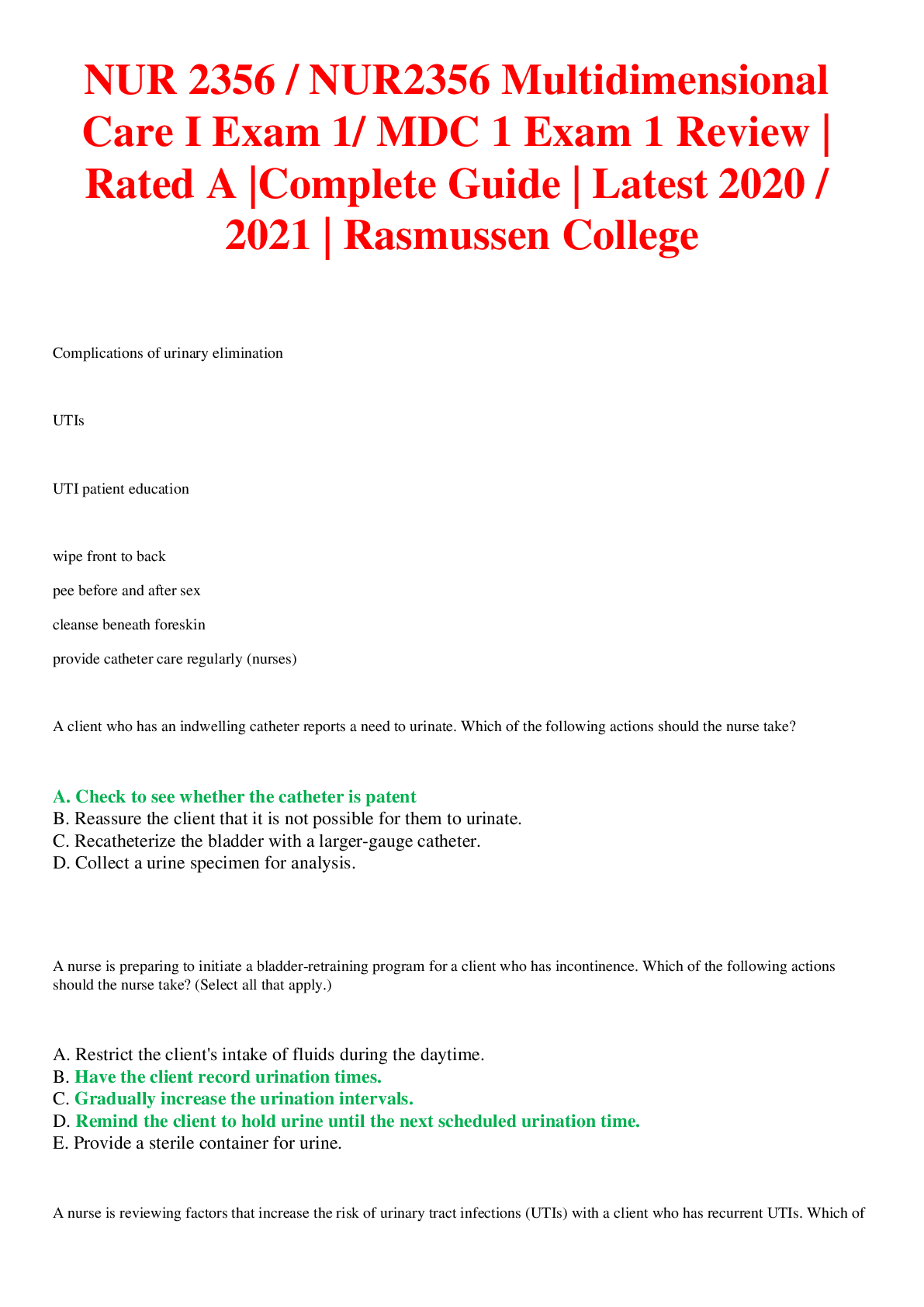 NUR 2356 / NUR2356 Multidimensional Care I Exam 1/ MDC 1 Exam 1 Review | Rated A |Complete Guide | Latest 2020 / 2021 | Rasmussen College